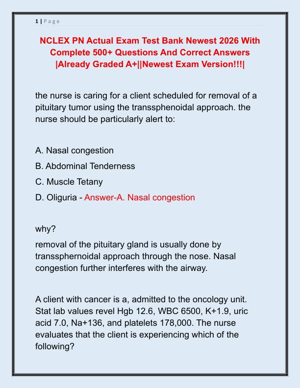 NCLEX PN Actual Exam Test Bank Newest 2026 With Complete 500
