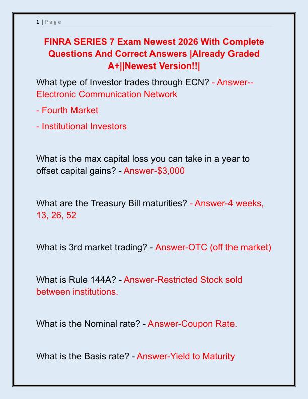 FINRA SERIES 7 Exam Newest 2026 With Complete Questions And Correct Answers