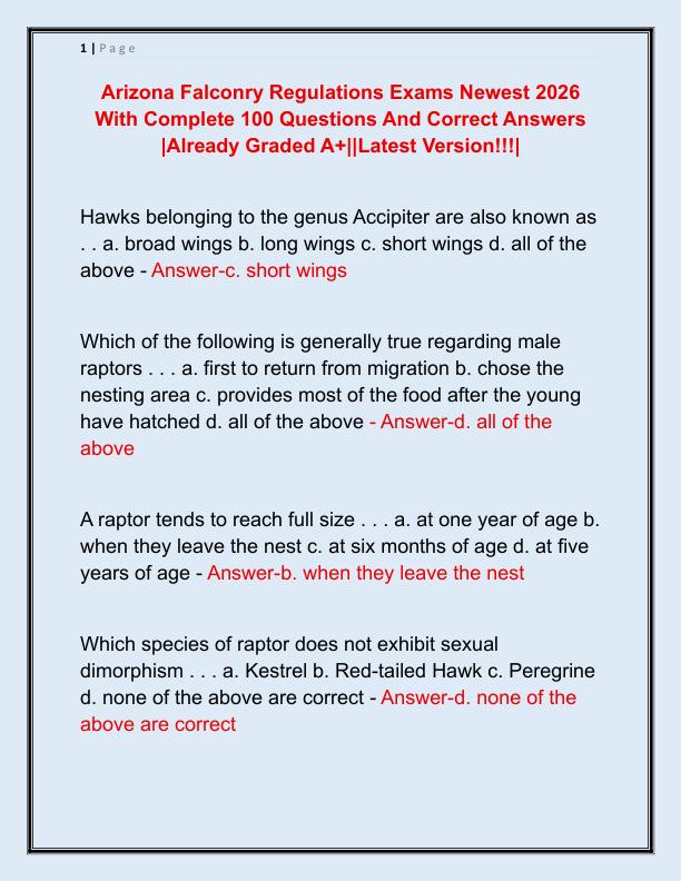 Arizona Falconry Regulations Exams Newest 2026 With Complete 100 Questions And Correct Answers