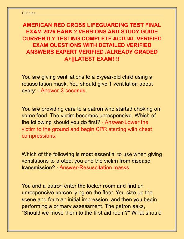 AMERICAN RED CROSS LIFEGUARDING TEST FINAL EXAM 2026 BANK 2 VERSIONS AND STUDY GUIDE CURRENTLY TESTING COMPLETE ACTUAL VERIFIED EXAM QUESTIONS WITH DETAILED VERIFIED ANSWERS EXPERT VERIFIED