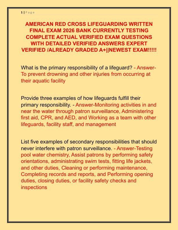 AMERICAN RED CROSS LIFEGUARDING WRITTEN FINAL EXAM 2026 BANK CURRENTLY TESTING COMPLETE ACTUAL VERIFIED EXAM QUESTIONS WITH DETAILED VERIFIED ANSWERS EXPERT VERIFIED