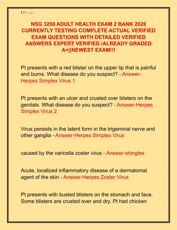 NSG 3250 ADULT HEALTH EXAM 2 BANK 2026 CURRENTLY TESTING COMPLETE ACTUAL VERIFIED EXAM QUESTIONS WITH DETAILED VERIFIED ANSWERS EXPERT VERIFIED