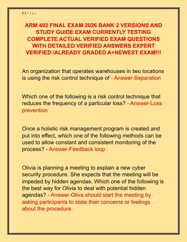 ARM 402 FINAL EXAM 2026 BANK 2 VERSIONS AND STUDY GUIDE EXAM CURRENTLY TESTING COMPLETE ACTUAL VERIFIED EXAM QUESTIONS WITH DETAILED VERIFIED ANSWERS EXPERT VERIFIED