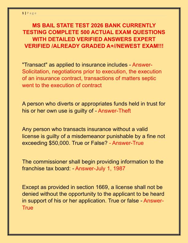 MS BAIL STATE TEST 2026 BANK CURRENTLY TESTING COMPLETE 500 ACTUAL EXAM QUESTIONS WITH DETAILED VERIFIED ANSWERS EXPERT VERIFIED