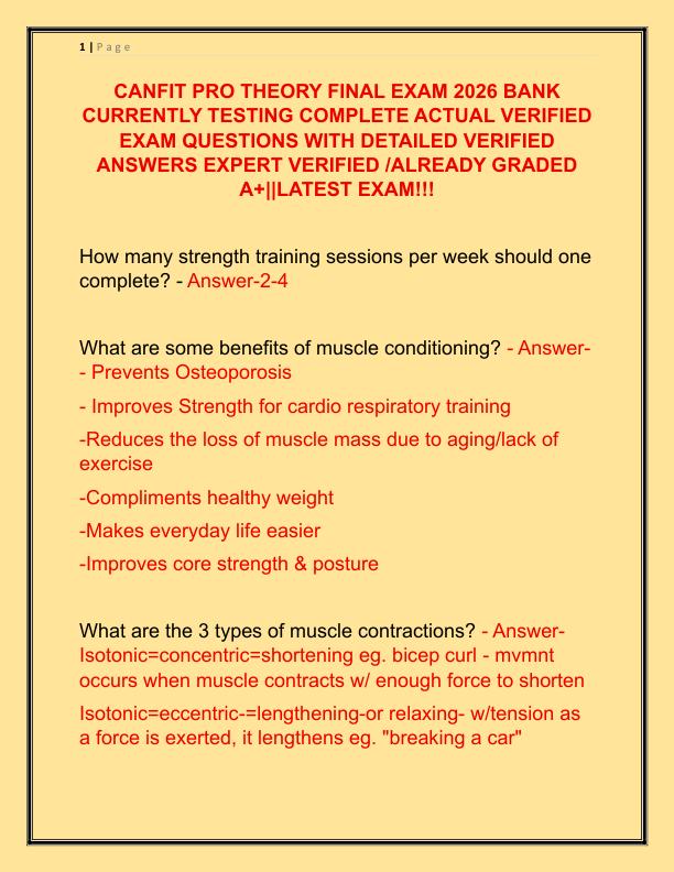 CANFIT PRO THEORY FINAL EXAM 2026 BANK CURRENTLY TESTING COMPLETE ACTUAL VERIFIED EXAM QUESTIONS WITH DETAILED VERIFIED ANSWERS EXPERT VERIFIED