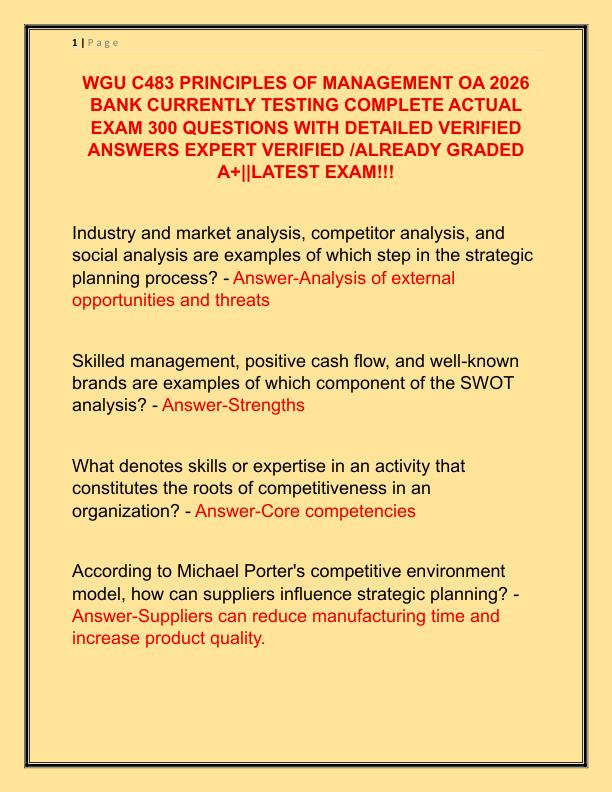 WGU C483 PRINCIPLES OF MANAGEMENT OA 2026 BANK CURRENTLY TESTING COMPLETE ACTUAL EXAM 300 QUESTIONS WITH DETAILED VERIFIED ANSWERS EXPERT VERIFIED