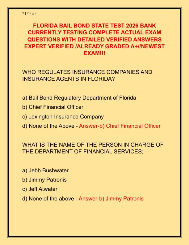 FLORIDA BAIL BOND STATE TEST 2026 BANK CURRENTLY TESTING COMPLETE ACTUAL EXAM QUESTIONS WITH DETAILED VERIFIED ANSWERS EXPERT VERIFIED