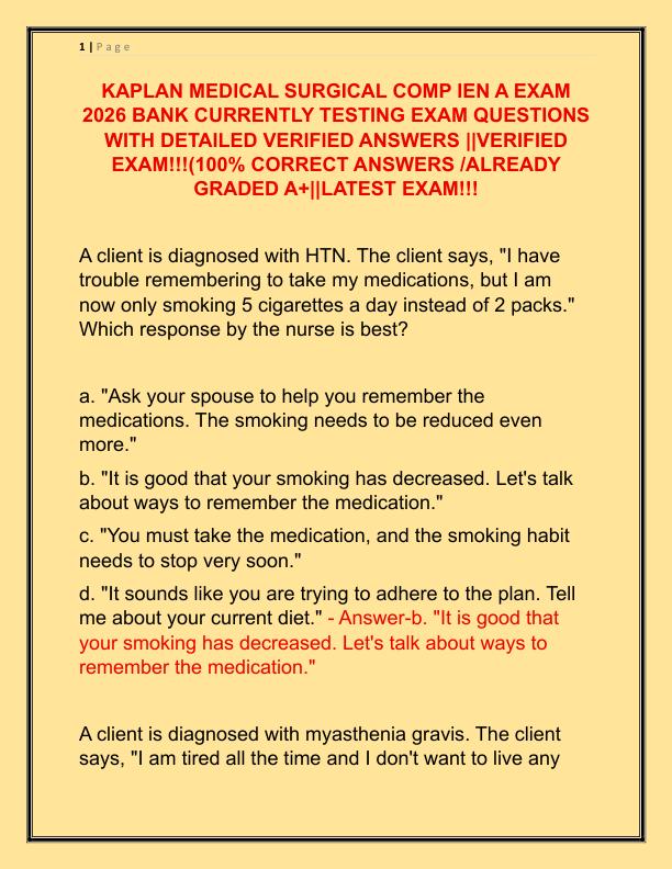 KAPLAN MEDICAL SURGICAL COMP IEN A EXAM 2026 BANK CURRENTLY TESTING EXAM QUESTIONS WITH DETAILED VERIFIED ANSWERS