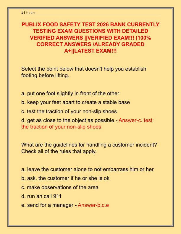 PUBLIX FOOD SAFETY TEST 2026 BANK CURRENTLY TESTING EXAM QUESTIONS WITH DETAILED VERIFIED ANSWERS