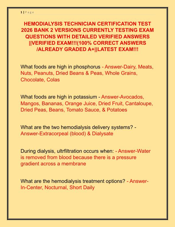 HEMODIALYSIS TECHNICIAN CERTIFICATION TEST 2026 BANK 2 VERSIONS CURRENTLY TESTING EXAM QUESTIONS WITH DETAILED VERIFIED ANSWERS