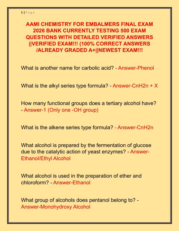 AAMI CHEMISTRY FOR EMBALMERS FINAL EXAM 2026 BANK CURRENTLY TESTING 500 EXAM QUESTIONS WITH DETAILED VERIFIED ANSWERS