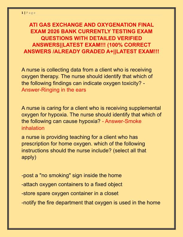 ATI GAS EXCHANGE AND OXYGENATION FINAL EXAM 2026 BANK CURRENTLY TESTING EXAM QUESTIONS WITH DETAILED VERIFIED ANSWERS