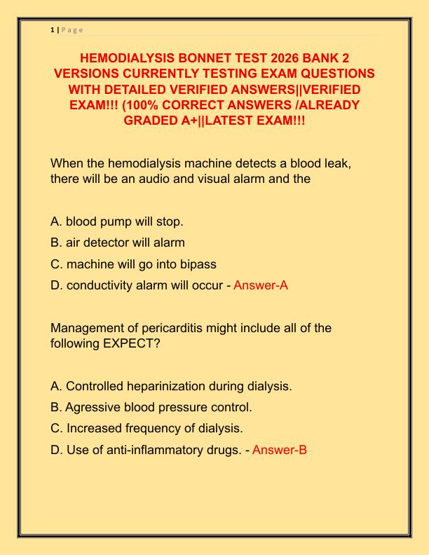 HEMODIALYSIS BONNET TEST 2026 BANK 2 VERSIONS CURRENTLY TESTING EXAM QUESTIONS WITH DETAILED VERIFIED ANSWERS