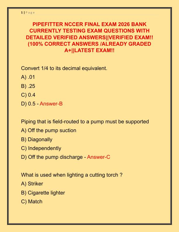 PIPEFITTER NCCER FINAL EXAM 2026 BANK CURRENTLY TESTING EXAM QUESTIONS WITH DETAILED VERIFIED ANSWERS