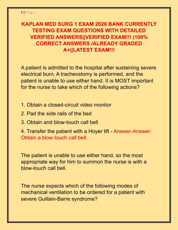 KAPLAN MED SURG 1 EXAM 2026 BANK CURRENTLY TESTING EXAM QUESTIONS WITH DETAILED VERIFIED ANSWERS