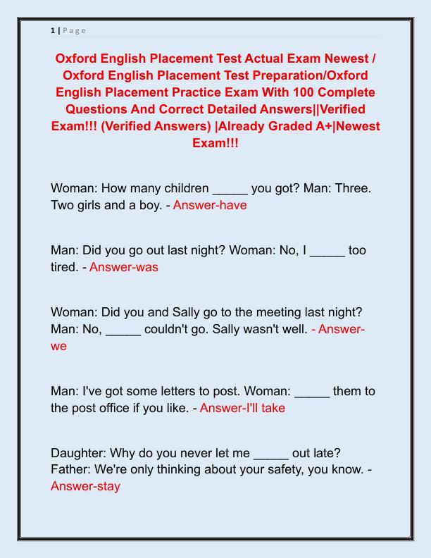 Oxford English Placement Test Actual Exam Newest