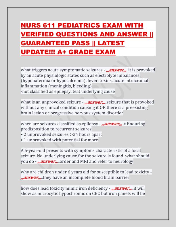 NURS 611 PEDIATRICS EXAM WITH VERIFIED QUESTIONS AND ANSWER