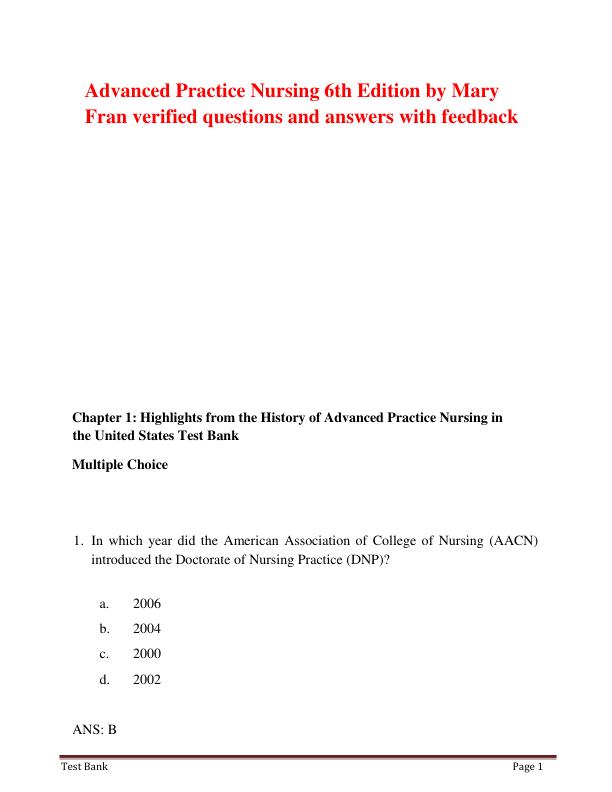 Advanced Practice Nursing 6th Edition by Mary Fran verified questions and answers with feedback