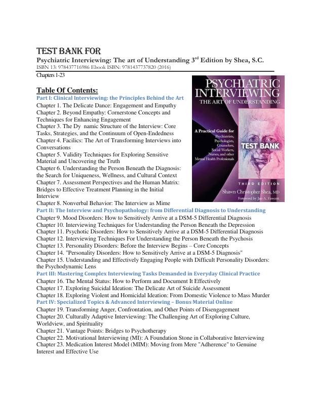 Test Bank for Psychiatric Interviewing The art of Understanding 3rd Edition by Shea, S.C.  ISBN 13 978437716986 Ebook ISBN 9781437737820 (2016)