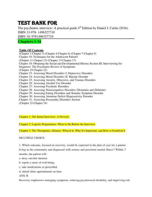 Test Bank for The psychiatric interview: A practical guide 4th Edition by Daniel J. Carlat (2016). ISBN 13-978- 1496327710