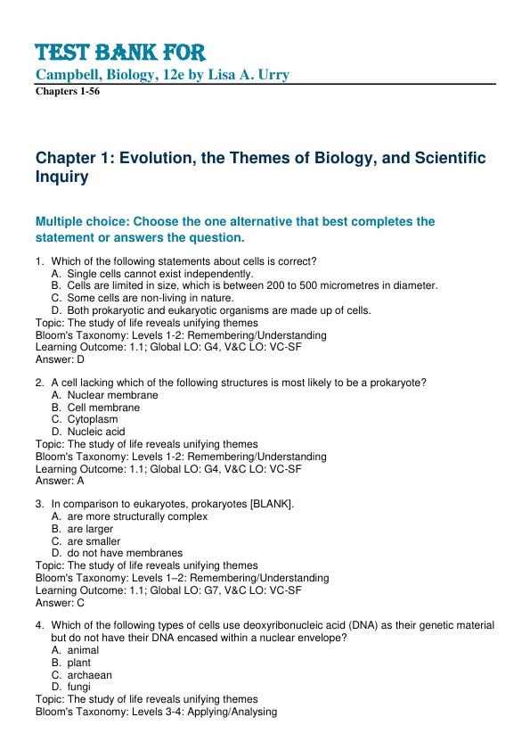 TEST BANK FOR Campbell, Biology, 12th Edition by Lisa A. Urry Chapters 1-56| Campbell Biology 12th