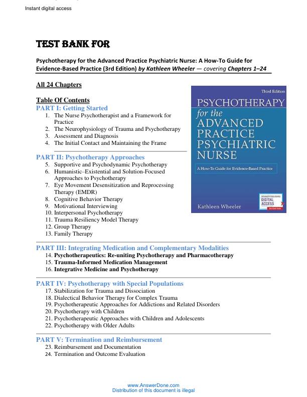 Test Bank Psychotherapy for the advanced practice psychiatric nurse a how to guide for evidence based practice 3rd edition kathleen wheeler chapter 1 24