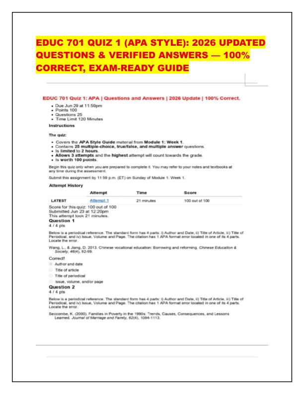 EDUC 701 QUIZ 1 (APA STYLE): 2026 UPDATED QUESTIONS & VERIFIED ANSWERS — 100% CORRECT