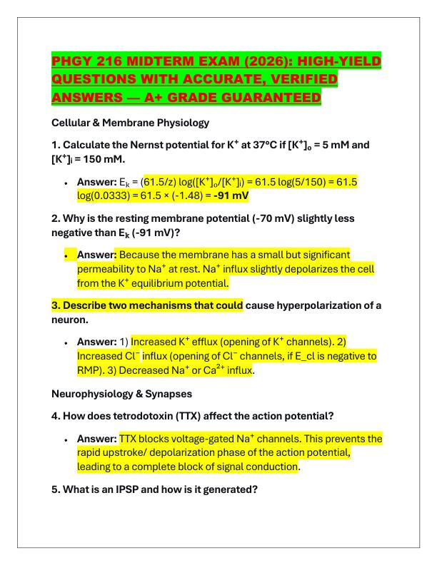 PHGY 216 MIDTERM EXAM (2026): HIGH-YIELD QUESTIONS WITH ACCURATE, VERIFIED ANSWERS