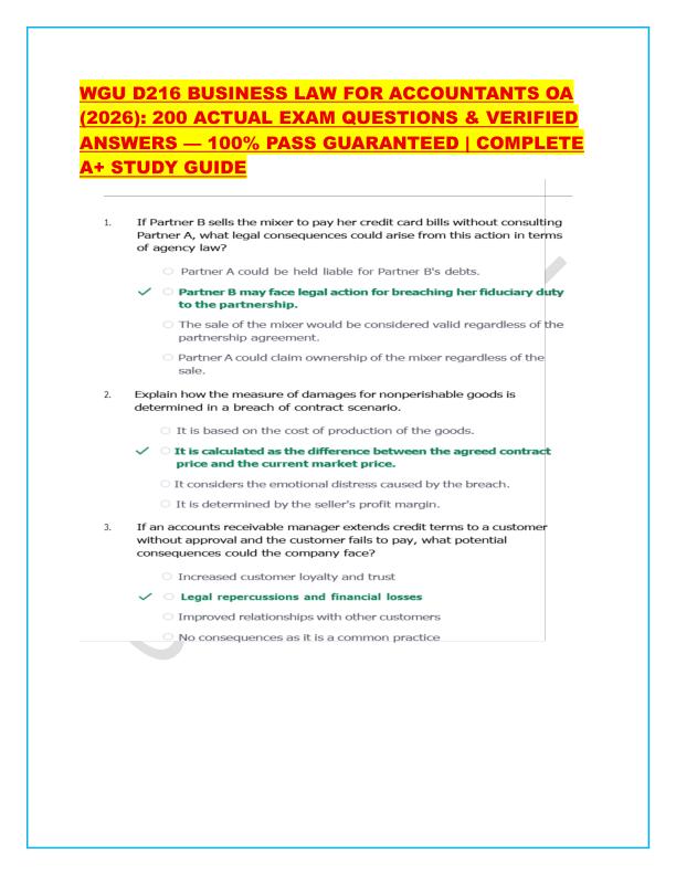WGU D216 BUSINESS LAW FOR ACCOUNTANTS OA (2026): 200 ACTUAL EXAM QUESTIONS & VERIFIED ANSWERS