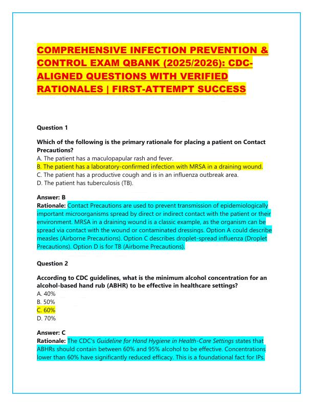 COMPREHENSIVE INFECTION PREVENTION & CONTROL EXAM QBANK (2025/2026): CDC- ALIGNED QUESTIONS WITH VERIFIED RATIONALES