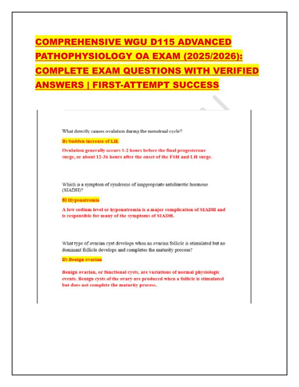 COMPREHENSIVE WGU D115 ADVANCED PATHOPHYSIOLOGY OA EXAM (2025/2026): COMPLETE EXAM QUESTIONS WITH VERIFIED ANSWERS | FIRST-ATTEMPT SUCCESS