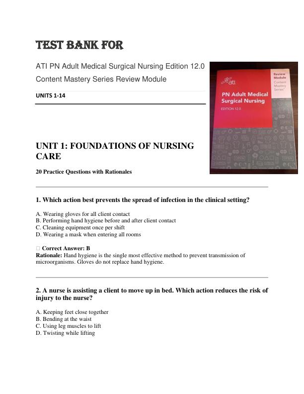 TEST BANK FOR ATI PN Adult Medical Surgical Nursing Edition 12.0 Content Mastery Series Review Module UNITS 1-14