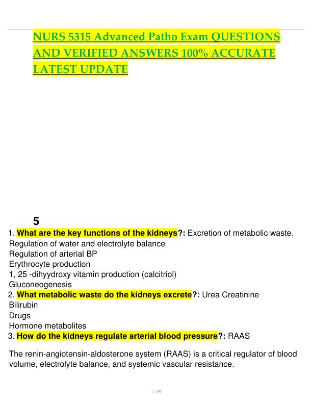NURS 5315 Advanced Patho Exam QUESTIONS AND VERIFIED ANSWERS 100% ACCURATE LATEST UPDATE