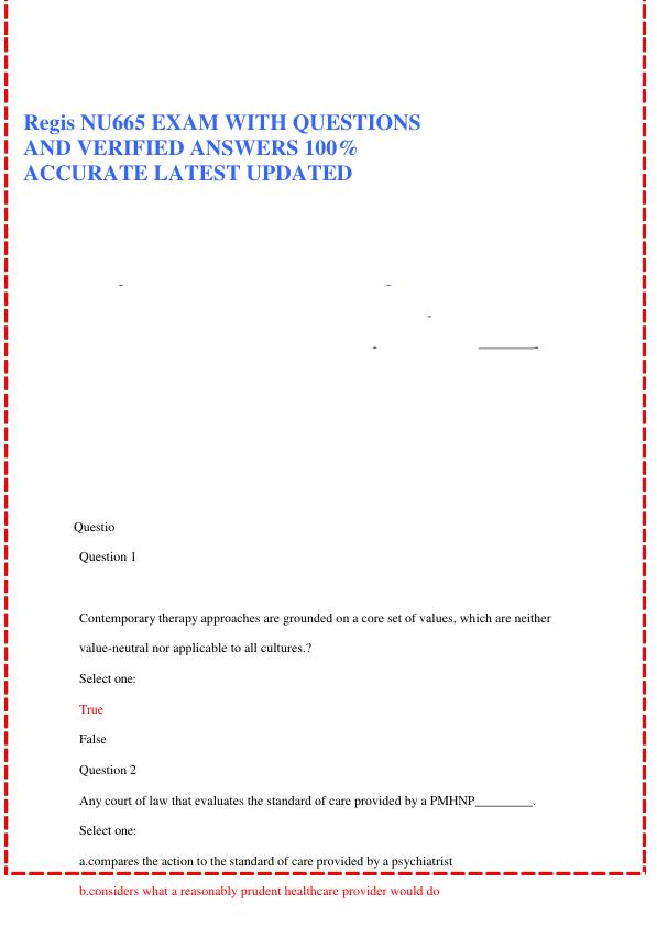 Regis NU665 EXAM WITH QUESTIONS AND VERIFIED ANSWERS 100% ACCURATE LATEST UPDATED