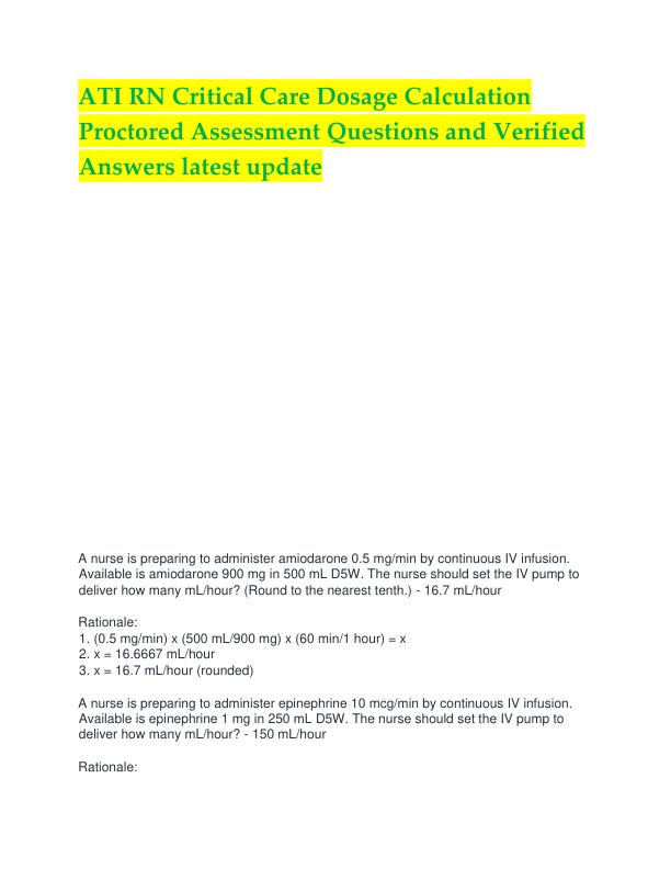 ATI RN Critical Care Dosage Calculation Proctored Assessment Questions and Verified Answers latest update