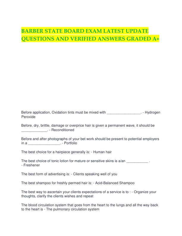 BARBER STATE BOARD EXAM LATEST UPDATE QUESTIONS AND VERIFIED ANSWERS GRADED A+