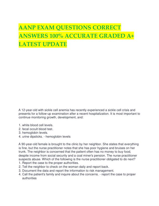 AANP EXAM QUESTIONS CORRECT ANSWERS 100% ACCURATE GRADED A+ LATEST UPDATE