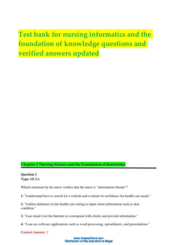 Test bank for nursing informatics and the foundation of knowledge questions and verified answers updated