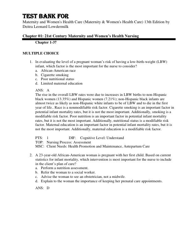 Test Bank For Maternity and Women's Health Care (Maternity & Women's Health Care) 13th Edition by Deitra Leonard Lowdermilk Chapter 1-37
