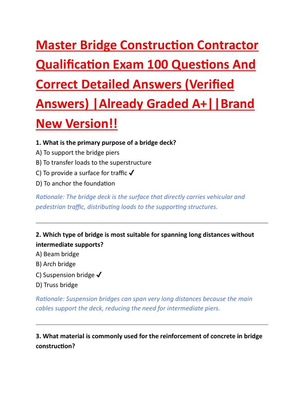 Master Bridge Construction Contractor Qualification Exam 100 Questions And Correct Detailed Answers