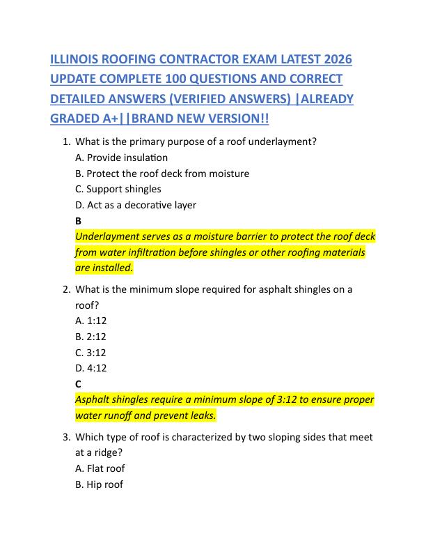ILLINOIS ROOFING CONTRACTOR EXAM LATEST 2026 UPDATE COMPLETE 100 QUESTIONS AND CORRECT DETAILED ANSWERS