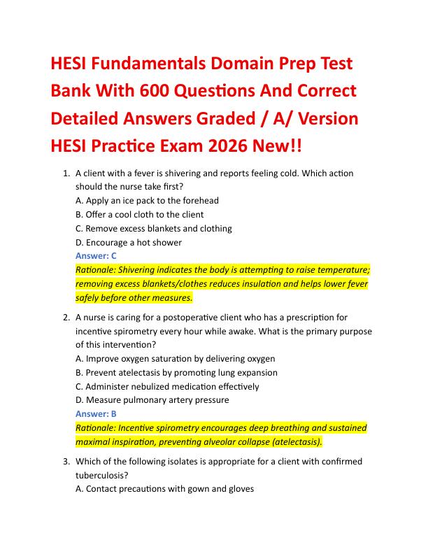 HESI Fundamentals Domain Prep Test Bank With 600 Questions And Correct Detailed Answers Graded