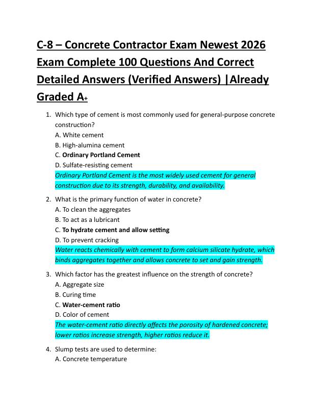  C-8 – Concrete Contractor Exam Newest 2026  Exam Complete 100 Questions And Correct  Detailed Answers (Verified Answers) |Already  Graded A+