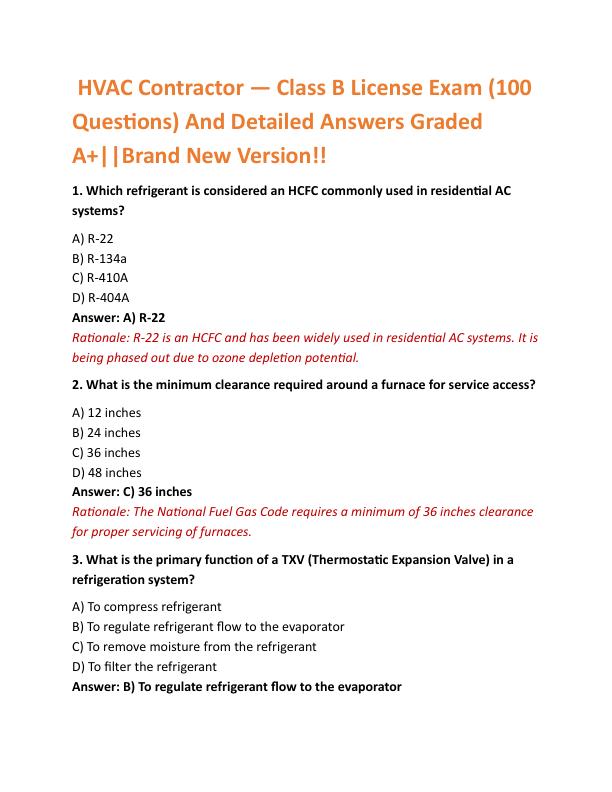  HVAC Contractor — Class B License Exam (100  Questions) And Detailed Answers Graded  A+||Brand New Version!! 