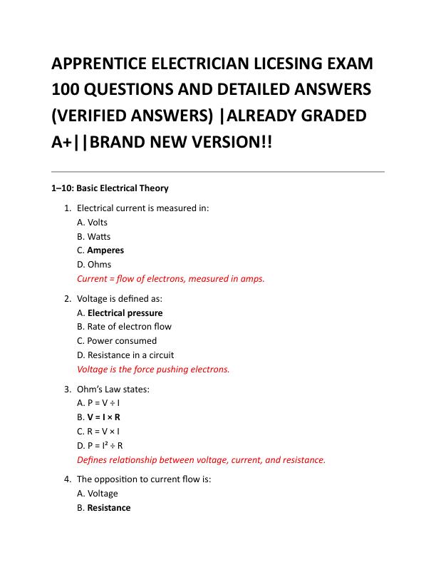 APPRENTICE ELECTRICIAN LICESING EXAM 100 QUESTIONS AND DETAILED ANSWERS