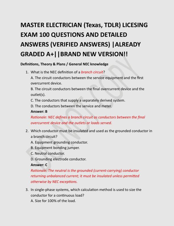  MASTER ELECTRICIAN (Texas, TDLR) LICESING  EXAM 100 QUESTIONS AND DETAILED  ANSWERS (VERIFIED ANSWERS) |ALREADY  GRADED A+||BRAND NEW VERSION!!