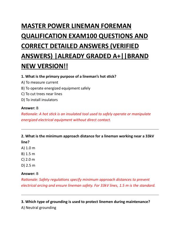  MASTER POWER LINEMAN FOREMAN  QUALIFICATION EXAM100 QUESTIONS AND  CORRECT DETAILED ANSWERS (VERIFIED  ANSWERS) |ALREADY GRADED A+||BRAND  NEW VERSION!! 