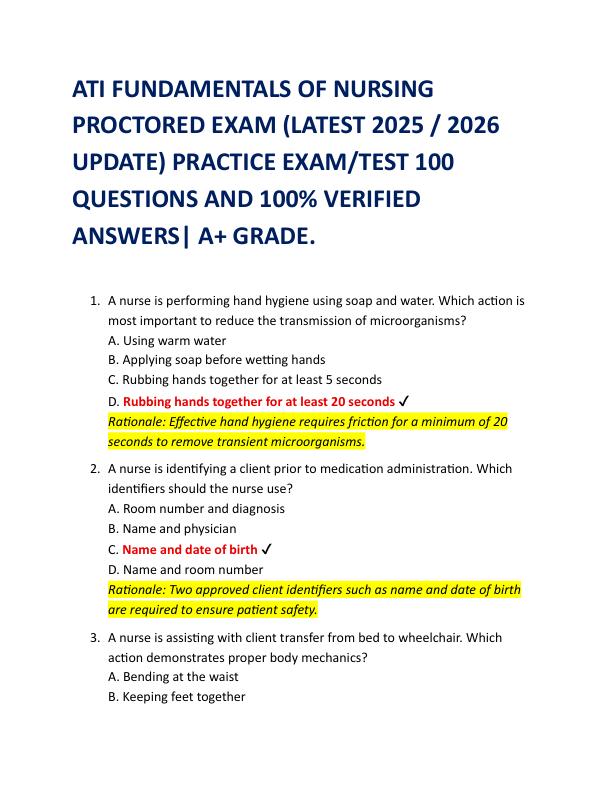  ATI FUNDAMENTALS OF NURSING  PROCTORED EXAM (LATEST 2025 / 2026  UPDATE) PRACTICE EXAM/TEST 100  QUESTIONS AND 100% VERIFIED  ANSWERS| A+ GRADE.