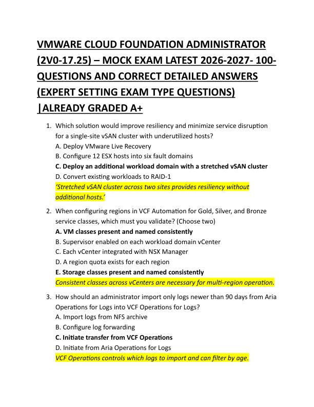  VMWARE CLOUD FOUNDATION ADMINISTRATOR  (2V0-17.25) – MOCK EXAM LATEST 2026-2027- 100-  QUESTIONS AND CORRECT DETAILED ANSWERS  (EXPERT SETTING EXAM TYPE QUESTIONS)  |ALREADY GRADED A+