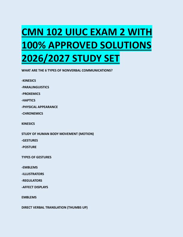 CMN 102 UIUC EXAM 2 WITH  100% APPROVED SOLUTIONS  2026/2027 STUDY SET 
